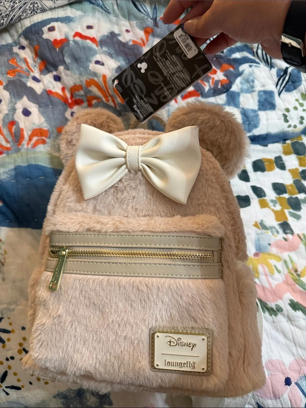 Loungefly Cream Faux Fur Kids Backpack with Cream Bow and Gold Accents